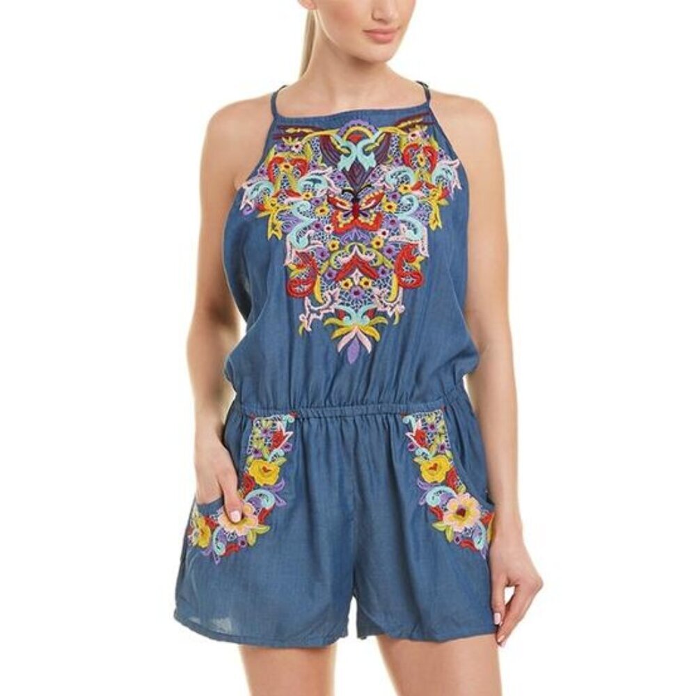 NWT Nanette Lepore Dazed Denim Embroidered Floral Romper Cover Up Large L
